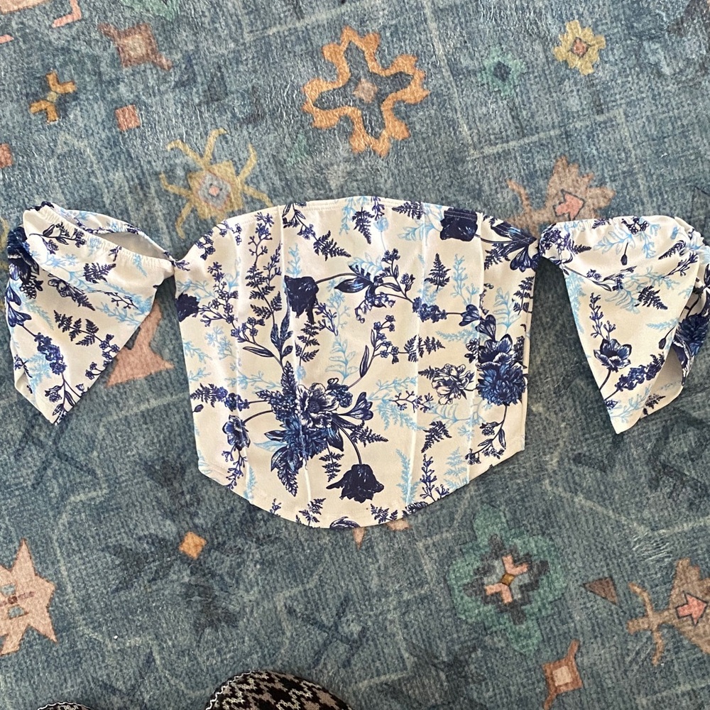Missguided White and Blue Floral Off-Shoulder  Crop Top